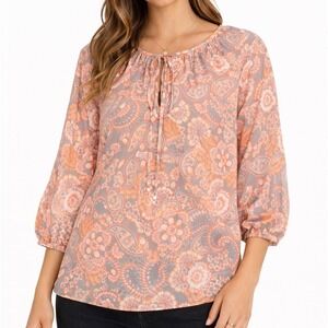 Ana Top Blouse Sz Sm Bell 3/4 Sleeve Paisley Orange Pink Bow Tie Sheer Shirt Y2K